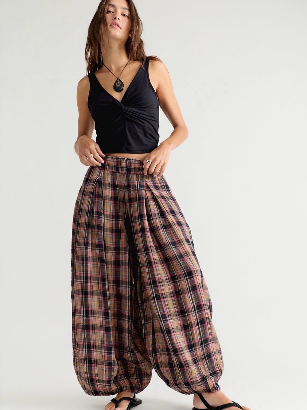 Free People Plaid Balloon Moonflower Wide-Leg Pants - Black Combo NWT Size L